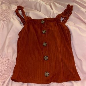 Dark red blouse, Ruffled straps, Tan buttons, Small , Only worn twice.
